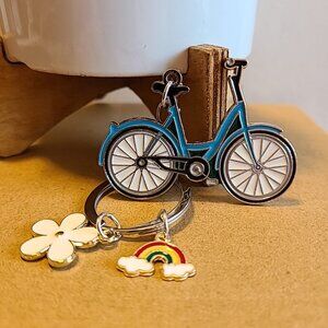 Bike Bicycle Keychain with‎ Rainbow and Flower Charms Cute Fun Keyring NEW